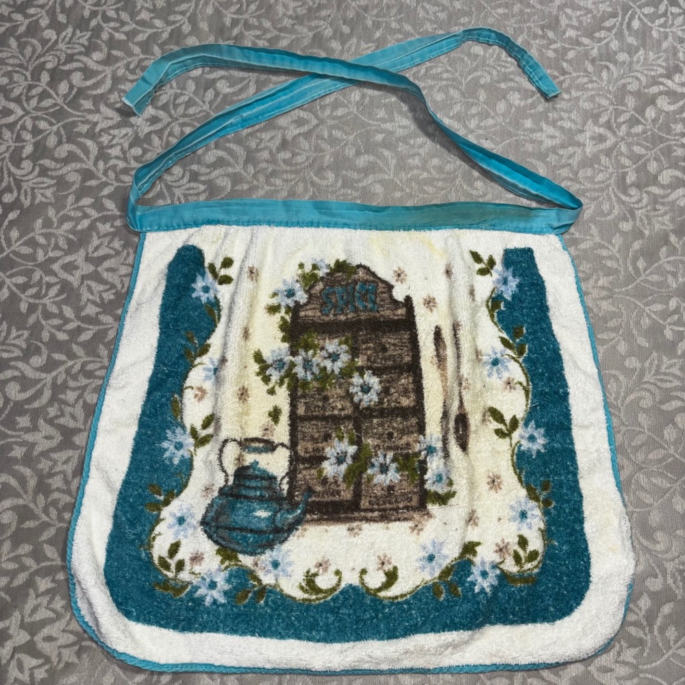 Vintage 1970s Handmade Terry Cloth Half Apron Blue Floral Spice Cabinet Kitchen‎
